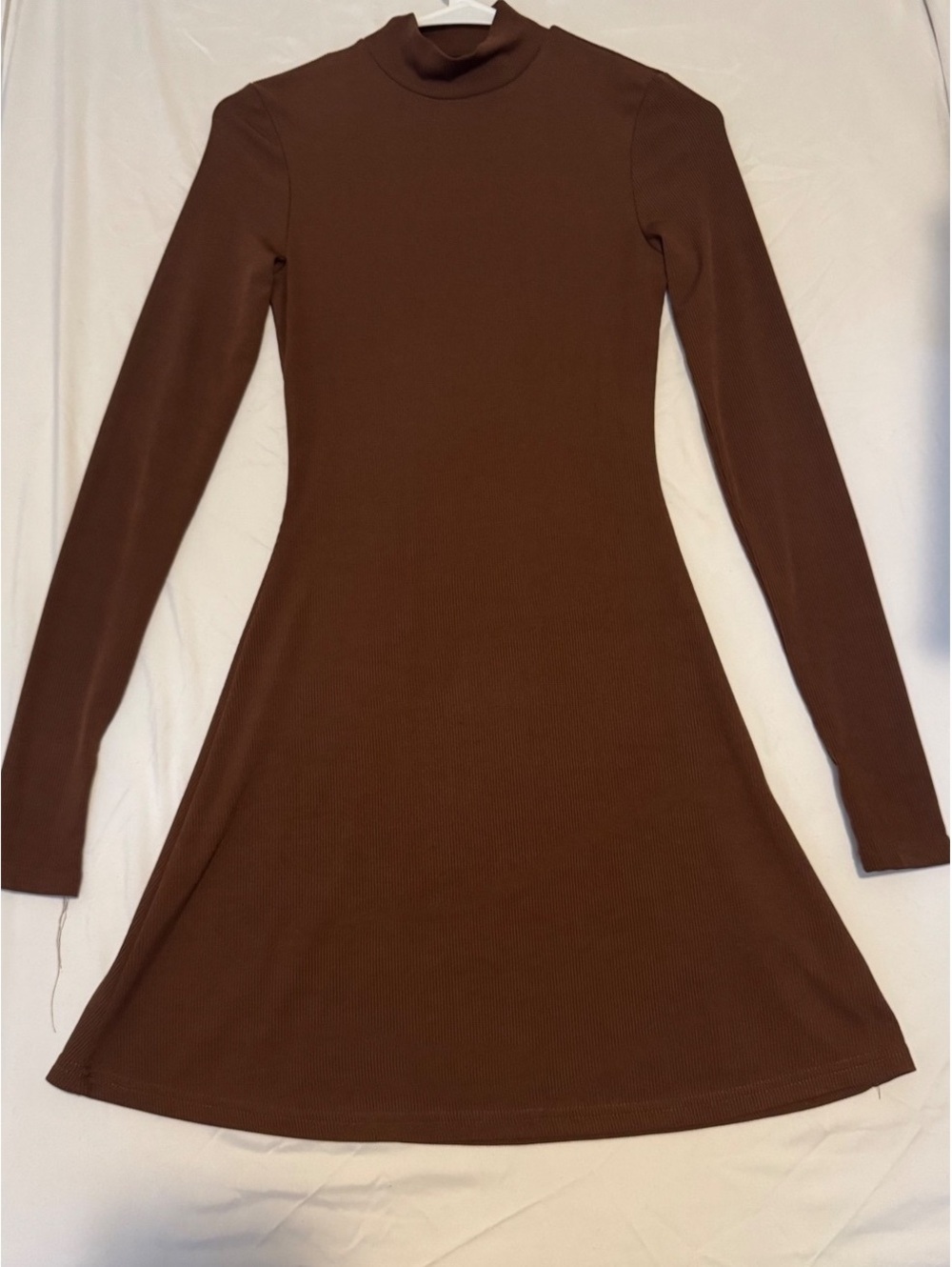 Cider Brown Ribbed Mock-Neck Long Sleeve Mini Dress Xs